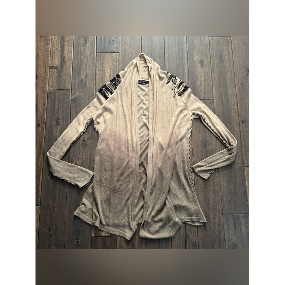 Mustard Seed Tan Ombré Open Long Sleeve Cardigan with Brown Sequin Detail S